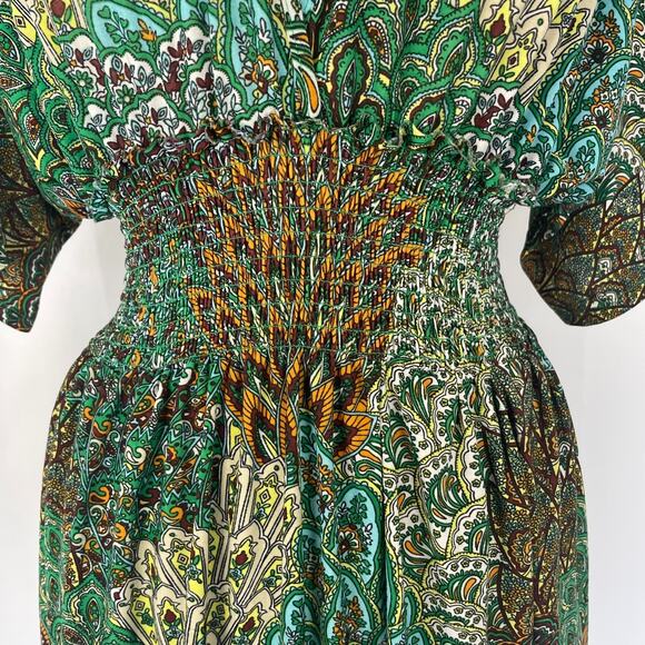 Y2K Mini Dress Green Geometric Print Babydoll Fairy Grunge Stretch Casual Boho - Picture 4 of 14